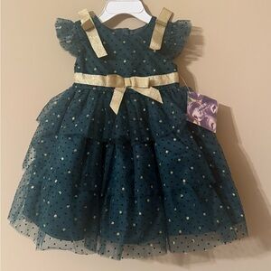 Blueberi Boulevard Green Tulle Dress with Gold Accents